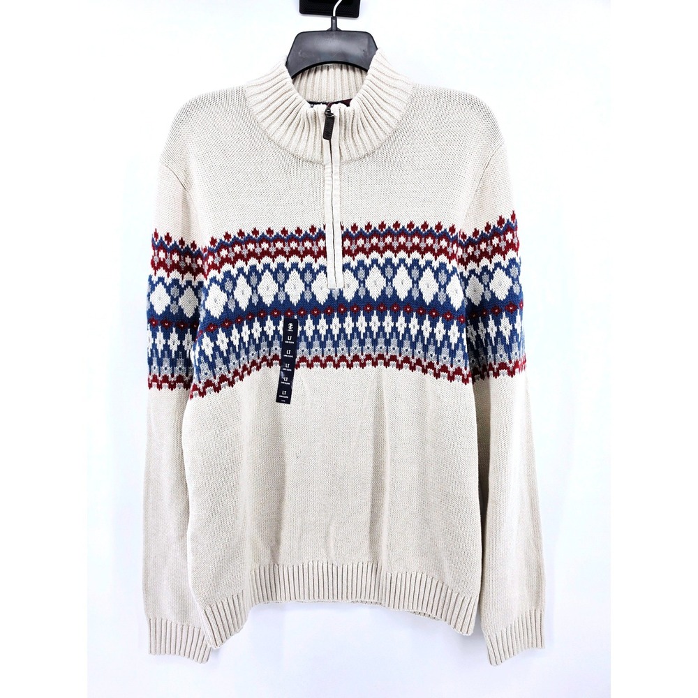 IZOD Mens Fair Isle Quarter Zip Sweater Rock Heather Beige Red Blue Size LT NEW